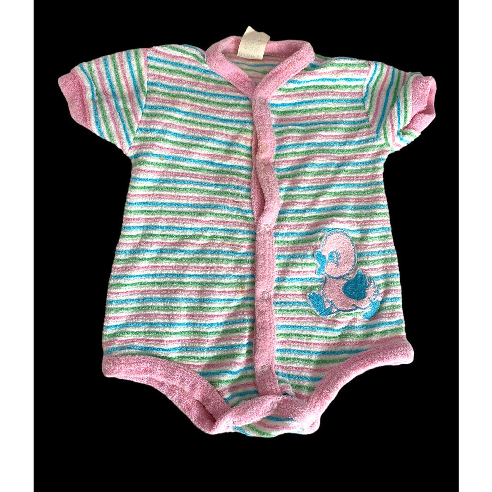 Vintage Babygro Gerber 3-6M One Piece Terry Cloth Girls 70s Pink Stripe Duck